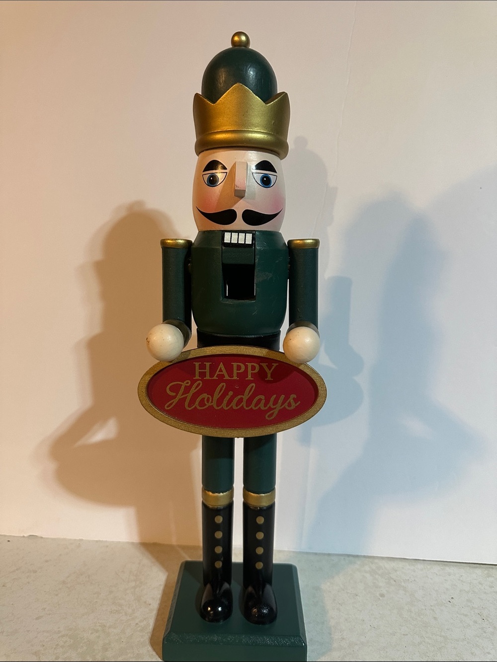 Holiday Nutcracker Figurine - Green & Gold Happy Holidays Sign